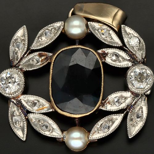 Art Deco 18ct Gold, Sapphire, Pearl and Diamond Pendant image-2