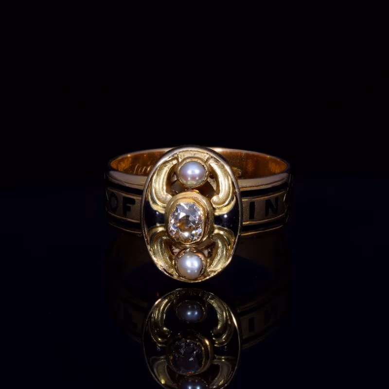 360° view of The Antique Victorian 1893 Diamond and Pearl Memorial Ring