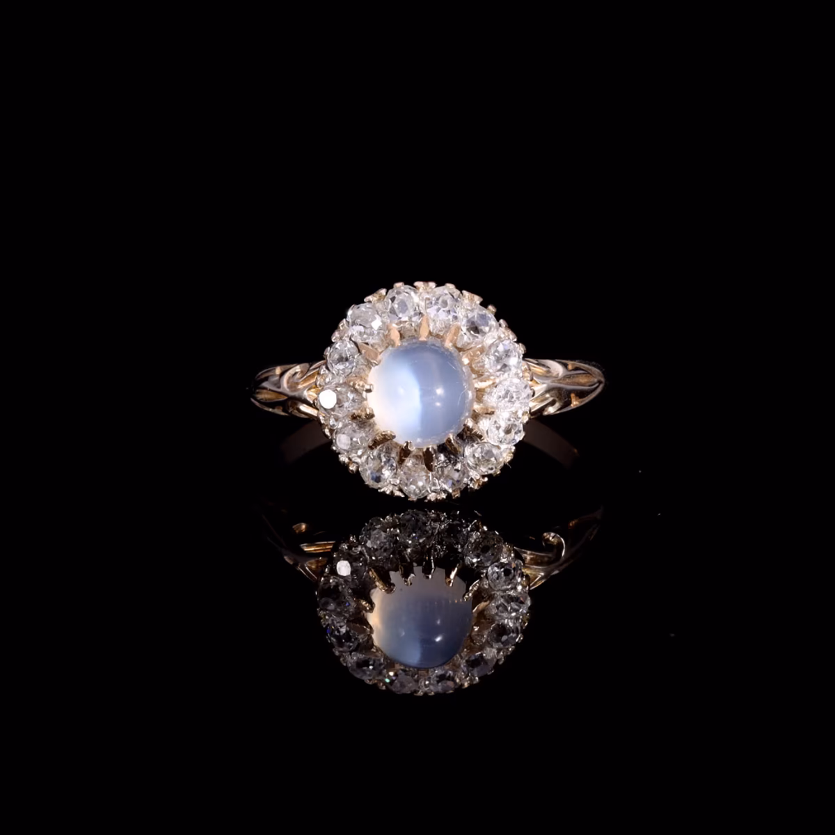 360° view of The Antique Victorian Moonstone and Old Cut Diamond Cluster Ring