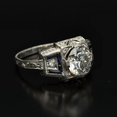 Art Deco Platinum Diamond and Sapphire Ring image-1
