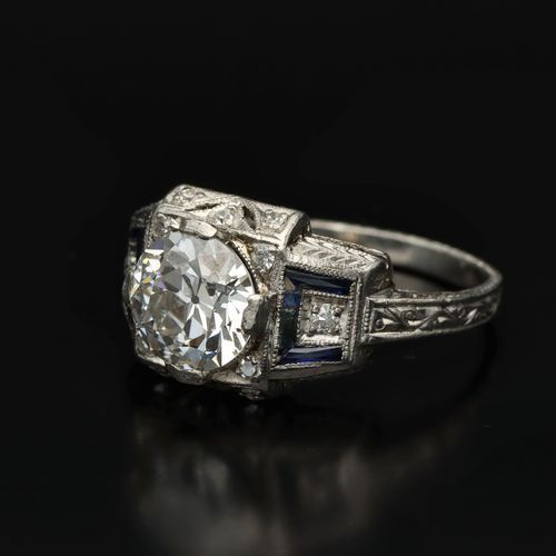 Art Deco Platinum Diamond and Sapphire Ring image-3