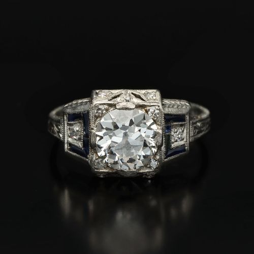 Art Deco Platinum Diamond and Sapphire Ring image-2