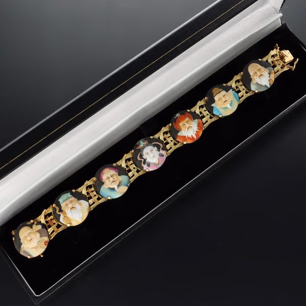 Rare 18ct Gold Porcelain Seven Gods of Wisdom Bracelet
