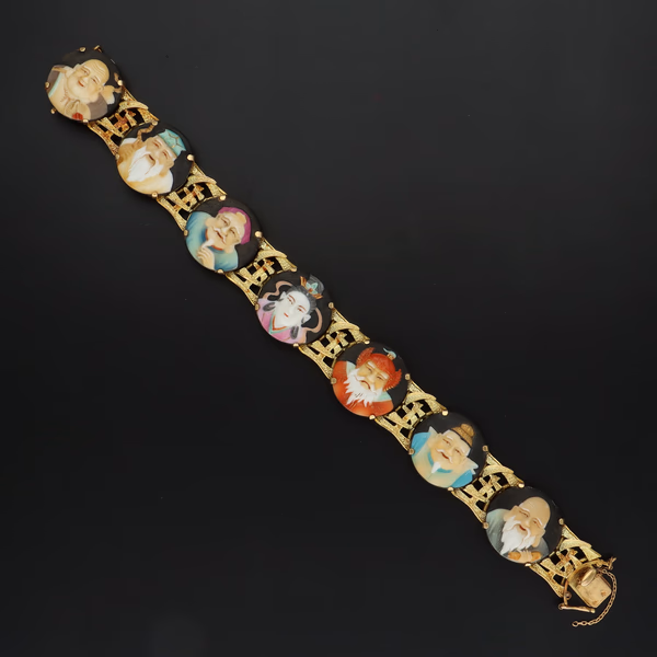 Rare 18ct Gold Porcelain Seven Gods of Wisdom Bracelet