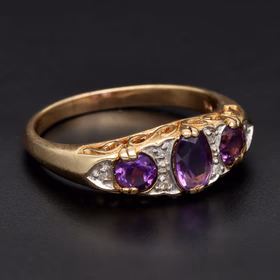 9ct Yellow Gold Amethyst & Diamond Trilogy Ring