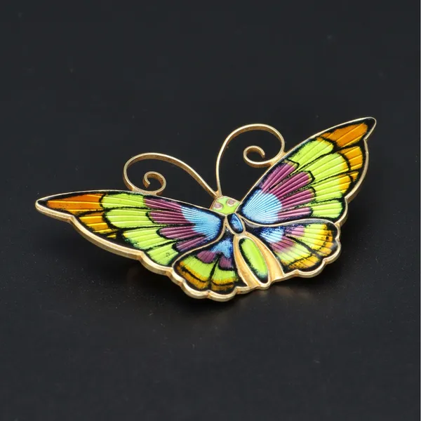 Vintage Norwegian Vermeil Sterling Silver Hand Painted Guilloche Enamel Butterfly Brooch