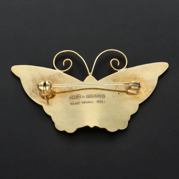 Vintage Norwegian Vermeil Sterling Silver Hand Painted Guilloche Enamel Butterfly Brooch