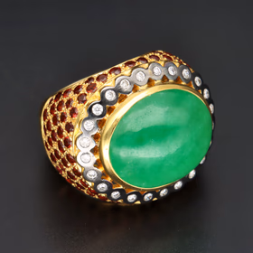 18ct Yellow Gold Jadeite Garnet & Diamond Ring