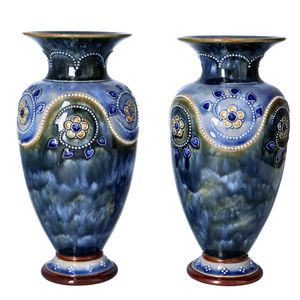 Pair of Squat Doulton Lambeth Tubeline Vases