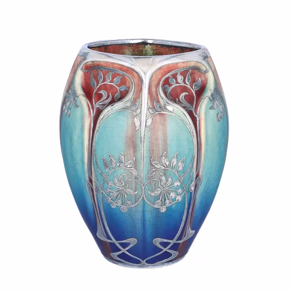 Art Nouveau Silver Overlay French Ceramic Vase