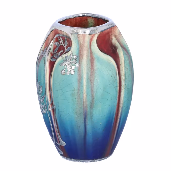 Art Nouveau Silver Overlay French Ceramic Vase