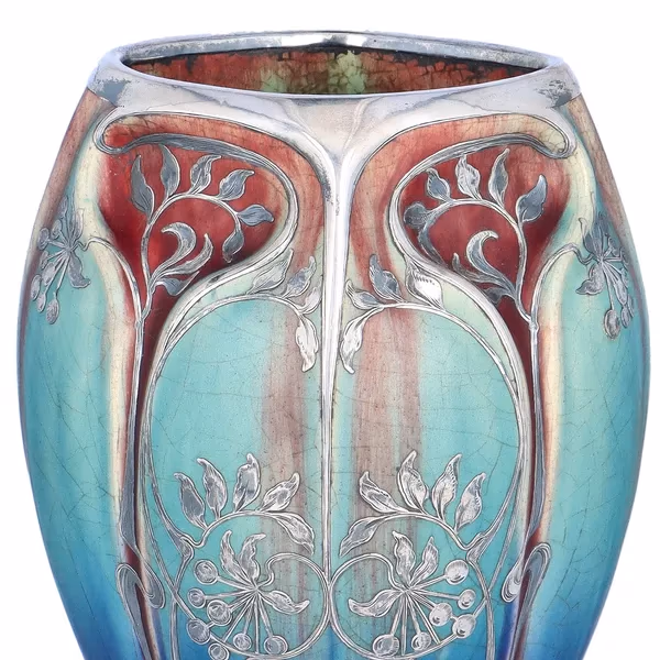 Art Nouveau Silver Overlay French Ceramic Vase