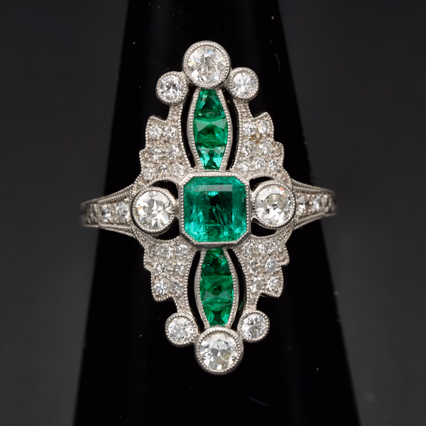 Platinum Art Deco Style Emerald and Diamond Ring