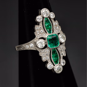 Platinum Art Deco Style Emerald and Diamond Ring
