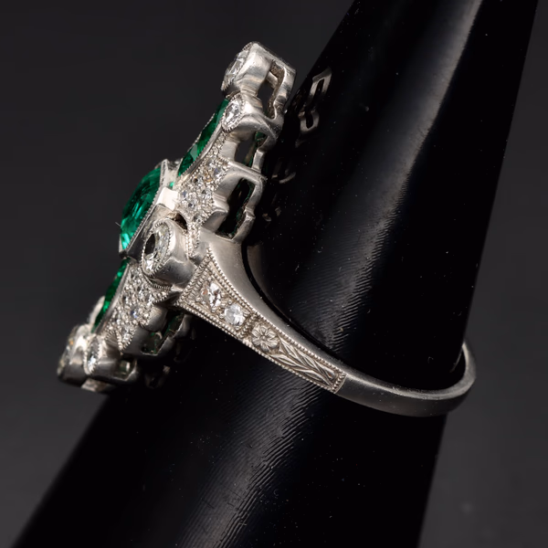 Platinum Art Deco Style Emerald and Diamond Ring