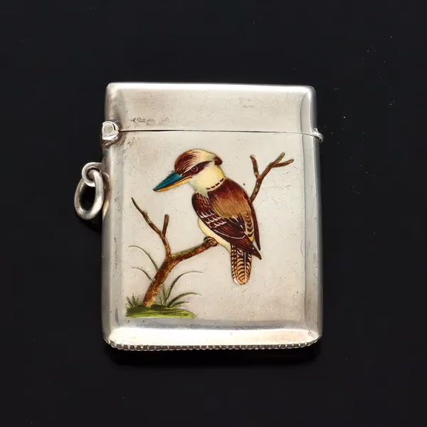 Edwardian Silver Vesta Case Decorated with an Enamel Kookaburra