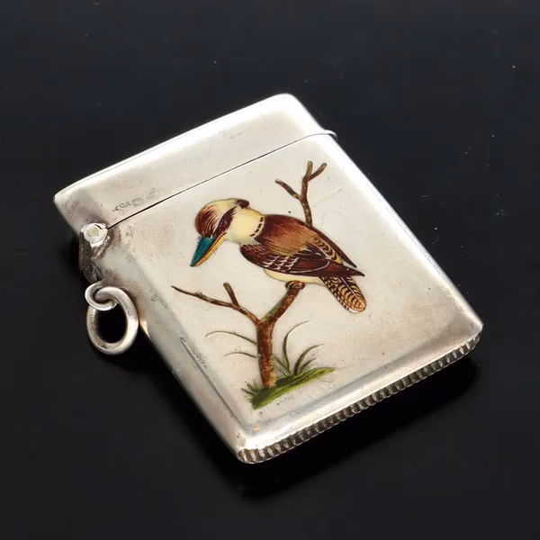 Edwardian Silver Vesta Case Decorated with an Enamel Kookaburra