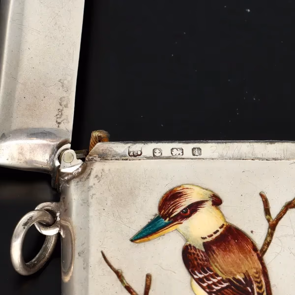Edwardian Silver Vesta Case Decorated with an Enamel Kookaburra