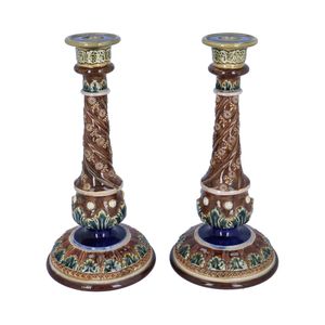 Early 20th Century Pair of Large Doulton Lambeth Candlesticks