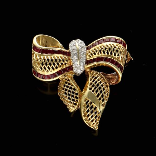 Vintage 18ct Gold, Diamond and Ruby Bow Brooch image-1