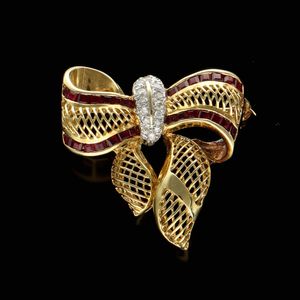 Vintage 18ct Gold, Diamond and Ruby Bow Brooch