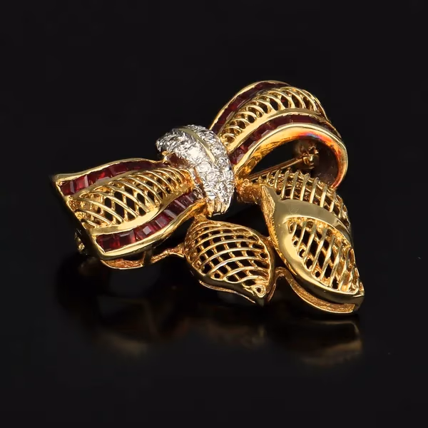 Vintage 18ct Gold, Diamond and Ruby Bow Brooch