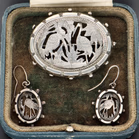 Antique Victorian Aesthetic Movement Silver Brooch & Earrings Suite
