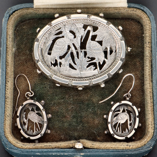 Antique Victorian Aesthetic Movement Silver Brooch & Earrings Suite