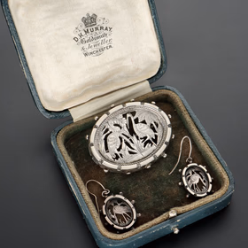 Antique Victorian Aesthetic Movement Silver Brooch & Earrings Suite