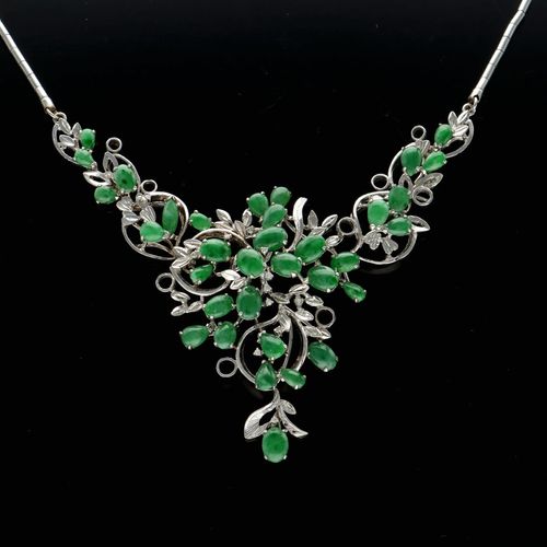 18ct White Gold Jade and Diamond Necklace image-2