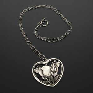 Danish Silver Bird in Heart Pendant