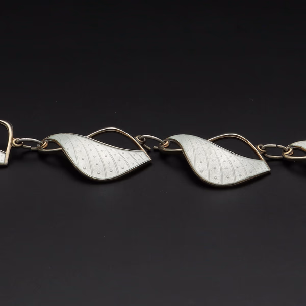 Norwegian Mid-Century Vermeil Sterling Silver & White Guilloché Enamel Necklace