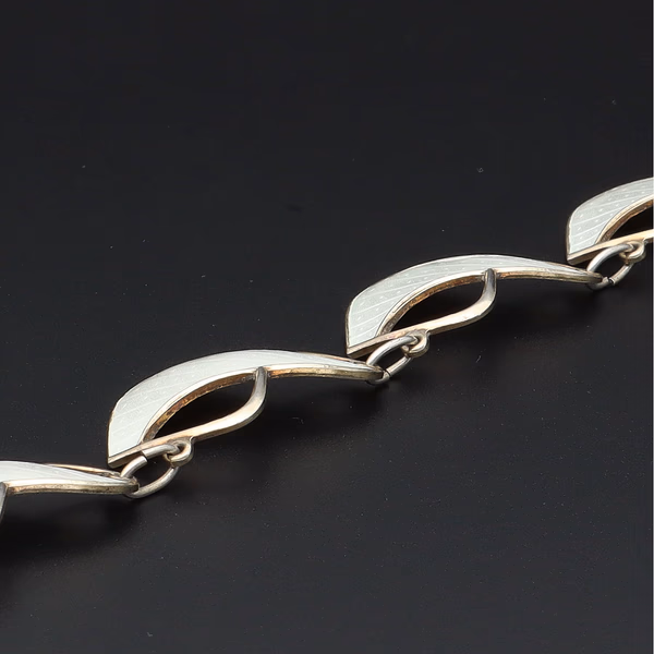 Norwegian Mid-Century Vermeil Sterling Silver & White Guilloché Enamel Necklace