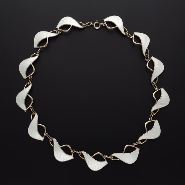 Norwegian Mid-Century Vermeil Sterling Silver & White Guilloché Enamel Necklace