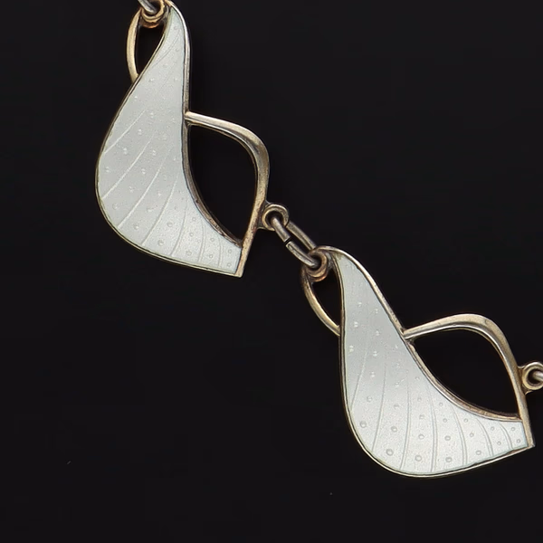 Norwegian Mid-Century Vermeil Sterling Silver & White Guilloché Enamel Necklace