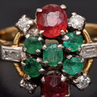 Antique 18ct Gold Ruby Emerald & Diamond Cluster Ring