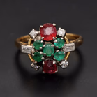 Antique 18ct Gold Ruby Emerald & Diamond Cluster Ring