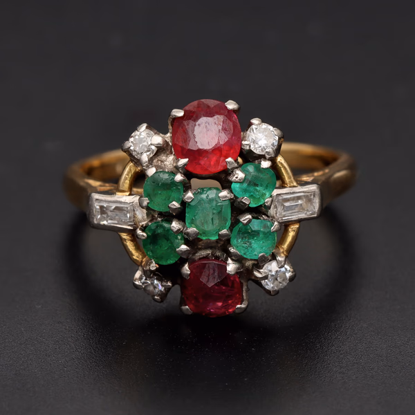Antique 18ct Gold Ruby Emerald & Diamond Cluster Ring