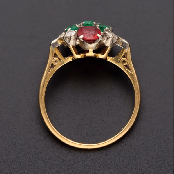 Antique 18ct Gold Ruby Emerald & Diamond Cluster Ring