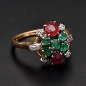 Antique 18ct Gold Ruby Emerald & Diamond Cluster Ring