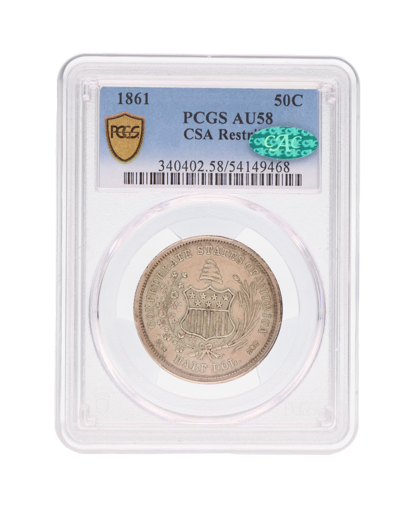 1861 Confederate States 50C Seated CSA Restrike | PCGS AU 58 CAC 360 degree view