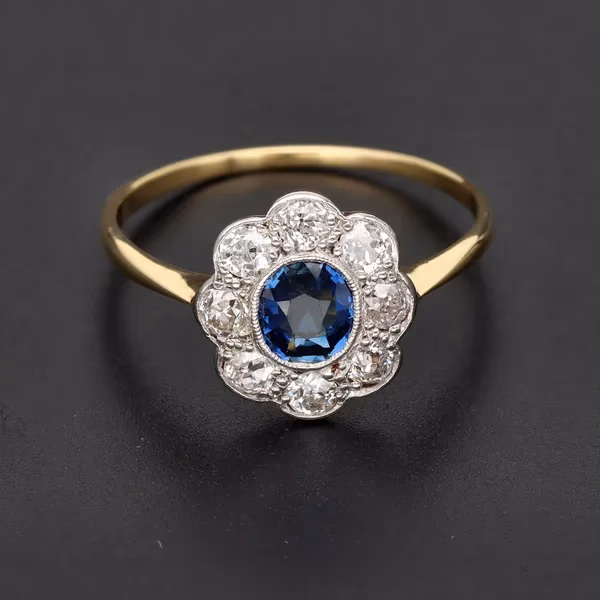 Edwardian 18ct Gold Diamond and Sapphire Cluster Ring