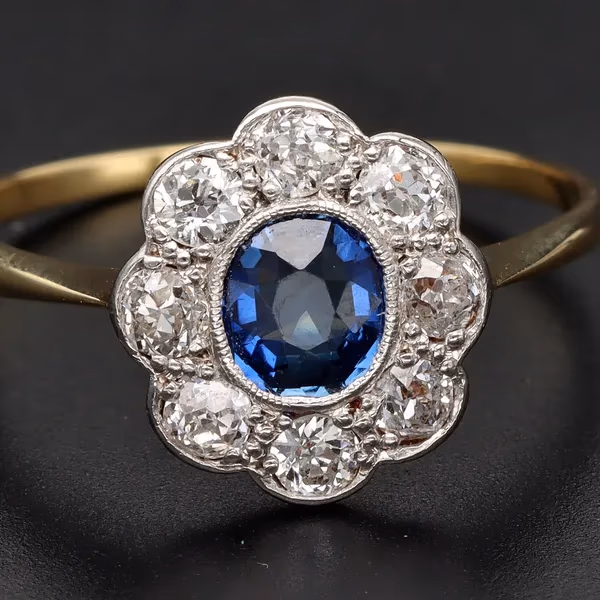 Edwardian 18ct Gold Diamond and Sapphire Cluster Ring