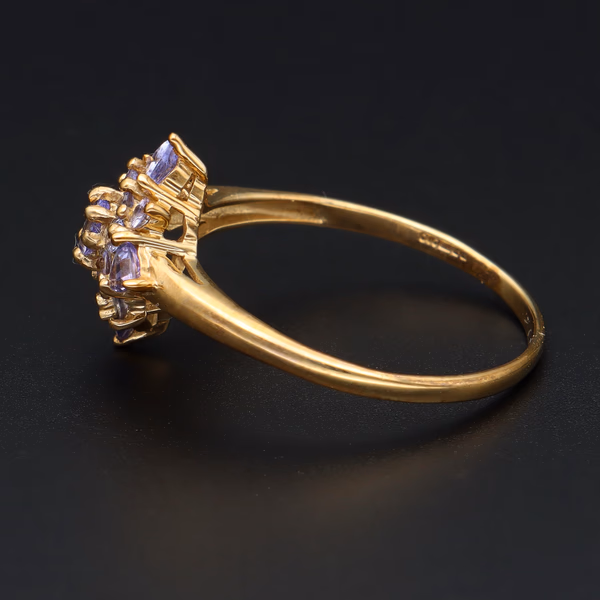 Large Size Gold Tanzanite Cluster Ring. Size V1/2
