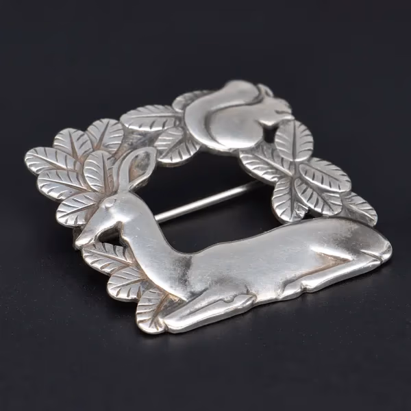 Sterling Silver "Fawn & Squirrel" Pattern Brooch