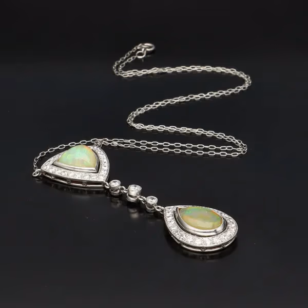 18ct White Gold Opal and Diamond Pendant
