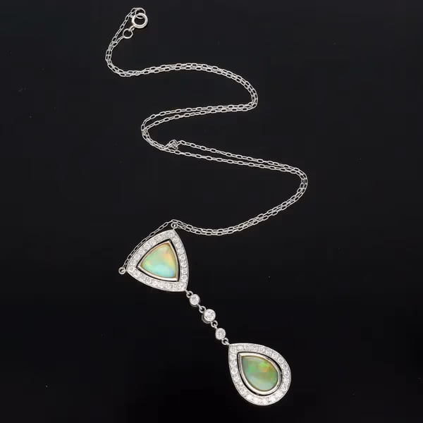 18ct White Gold Opal and Diamond Pendant