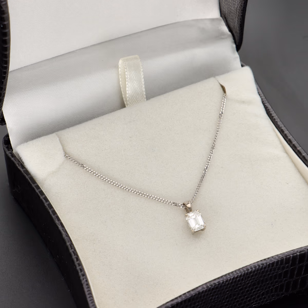 18ct White Gold 0.88ct Emerald-Cut Diamond Solitaire Pendant Necklace
