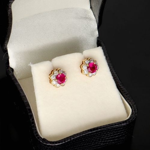 18ct Gold Ruby and Diamond Cluster Earrings image-1