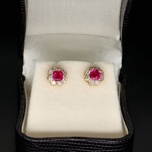 18ct Gold Ruby and Diamond Cluster Earrings image-2